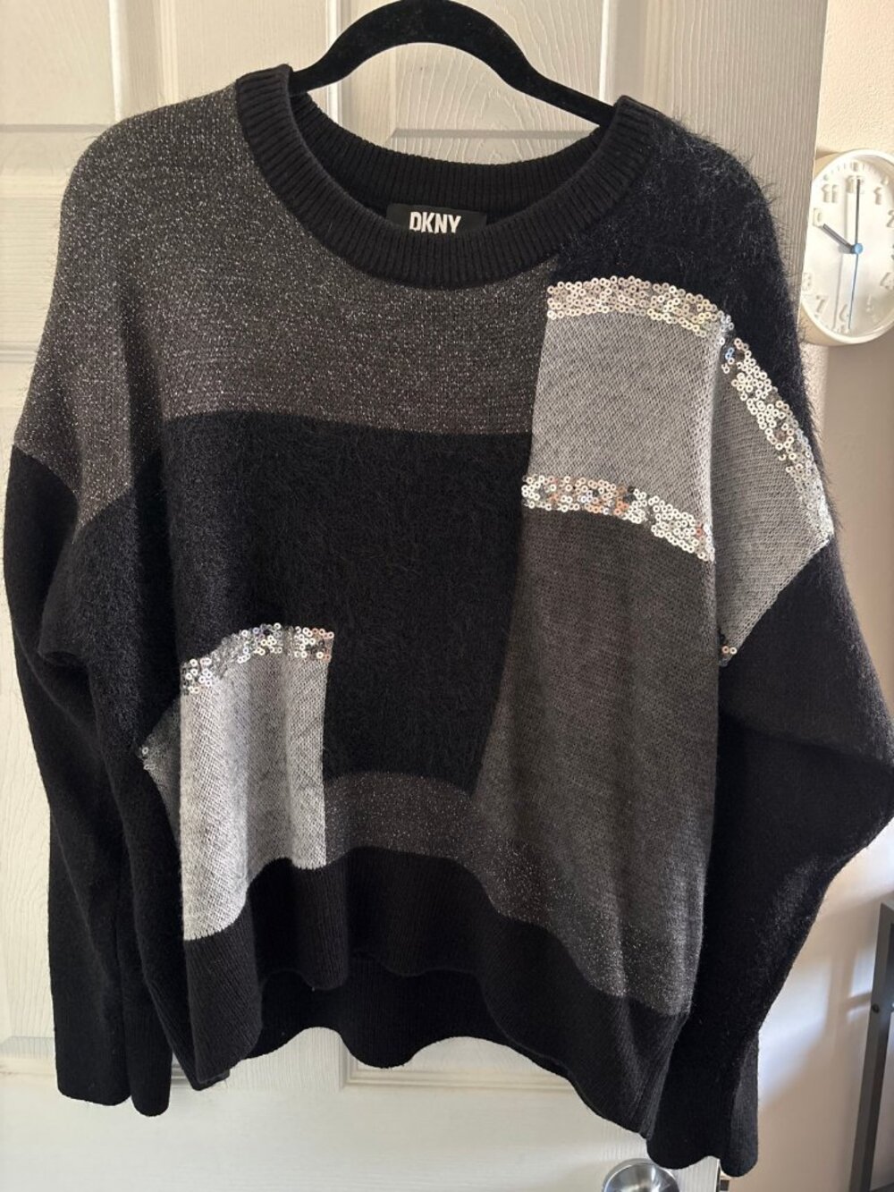 DKNY Black Sequin Colorblock Sweater - XL, fits like Large